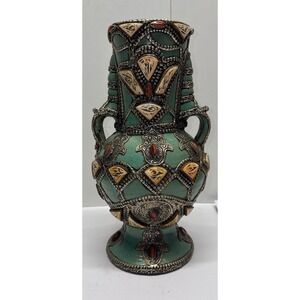 Vintage Moroccan Teal Ceramic‎ Vase With Silver Inlay